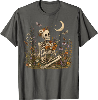 Skeleton Moon Butterfly Gothic Wildflower Garden Floral Skeleton Moon Wildflower Garden Cottagecore Halloween T-Shirt
