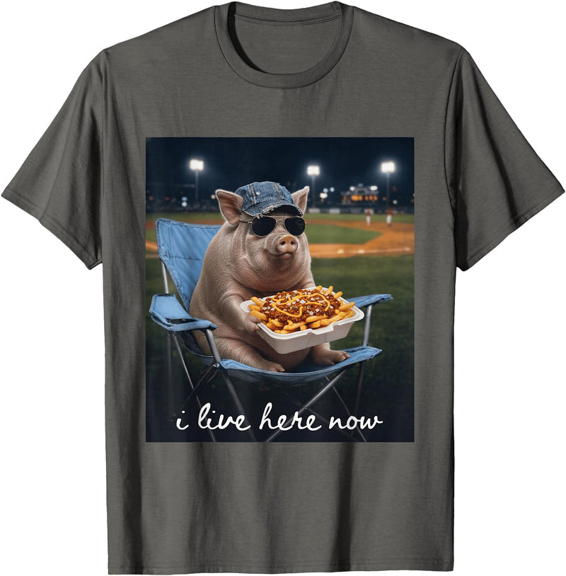 Funny Men Women Pig Baseball Outfit Funny Pig Baseball I Live Here Now T-Shirt - Asphalt Grey