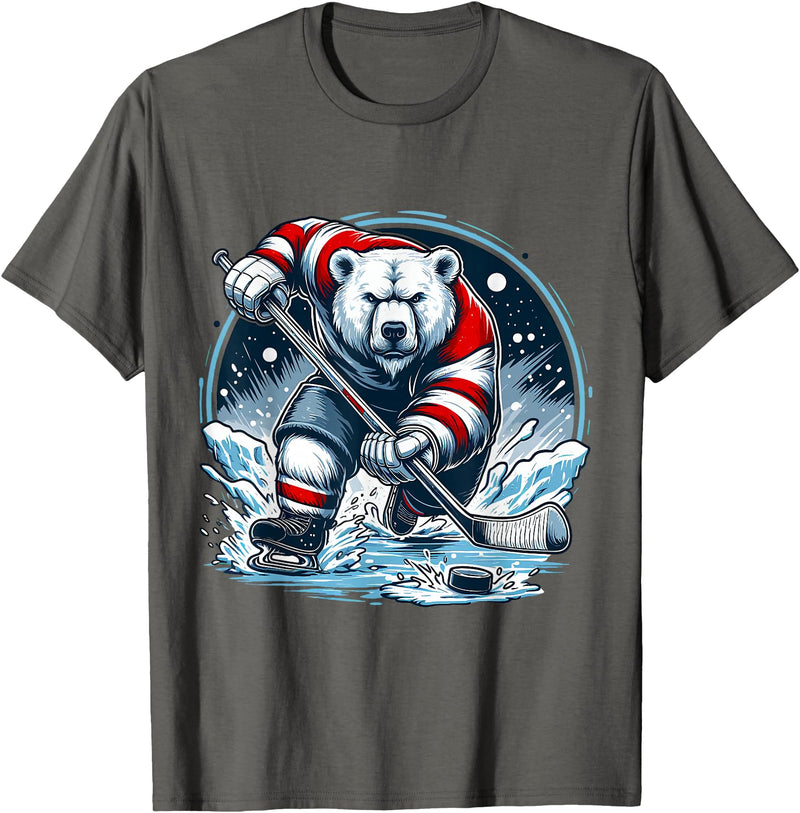Hockey Player Love Polar Bear Hockey Bear on Ice: A Funny Polar Bear Playing Hockey T-Shirt - Asphalt Grey