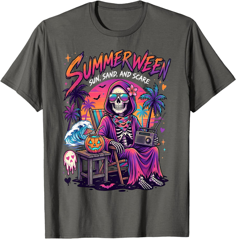 Summerween Halloween in July Spooky Summer Horror summerween Sun Sand and Scare Skeleton Halloween T-Shirt - Asphalt Grey