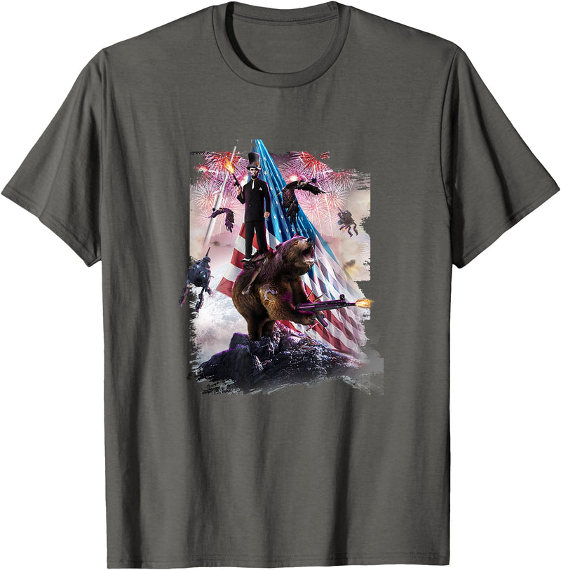 Random Galaxy Abe Lincoln Riding Bear American Patriotic Funny T-Shirt - Asphalt Grey