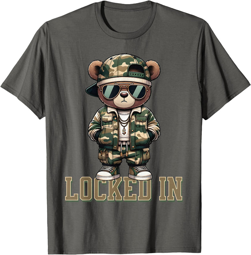 Boys & Mens Camouflage Teddy Bear Streetwear Gear Camo Hip Hop Teddy Bear Locked In Saying Hustle Money Grind T-Shirt - Asphalt Grey