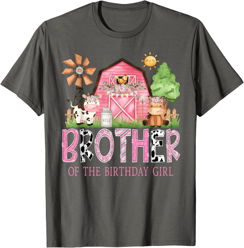 Farmer Pink Cow Birthday Girl Matching Brother of The Birthday Girl 1St Birthday Pink Cow Farm T-Shirt - Asphalt Grey