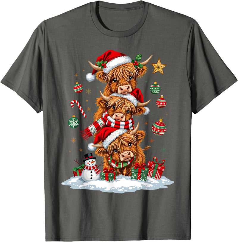 Highland Cow Christmas Winter Tree Farm Women Girl Funny Xmas Merry Moo Cows Highland Cow Christmas Snowman T-Shirt -