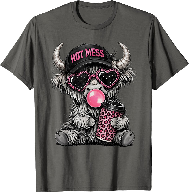 Hot Mess Highland Cow Humor Tee Co. Hot Mess Highland Cow Funny Cute Coffee Lover Graphic T-Shirt - Asphalt Grey