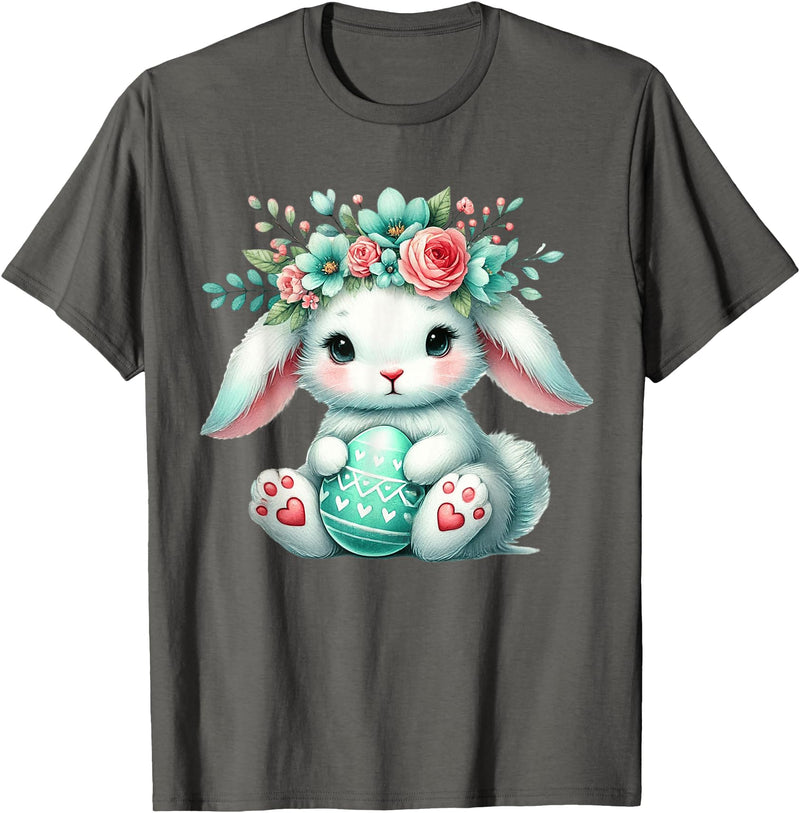 Easter Bunny with Flower Crown Girls Women Floral Cute T-Shirt in Asphalt Grey
