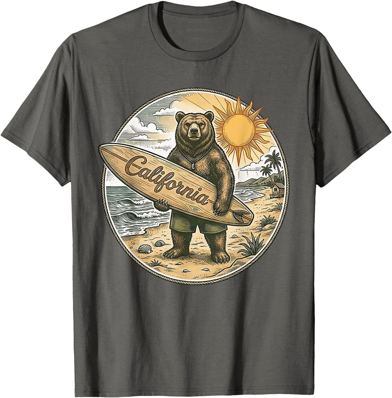 Retro Coastal Surf Bear Vintage Beach Apparel Vintage California Surf Bear Beach Retro Coastal Summer T-Shirt - Asphalt Grey