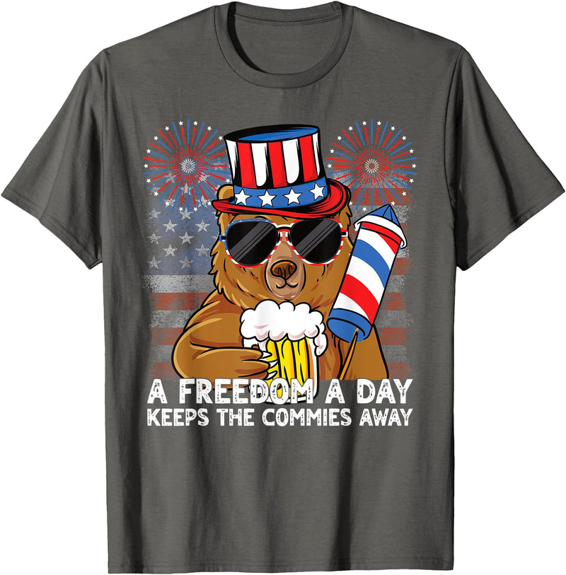 USA 4th of July A Freedom a Day Beer Bear A Freedom a Day Keeps the Commies Away 4th of July Bear Women Men T-Shirt - Asphalt Grey