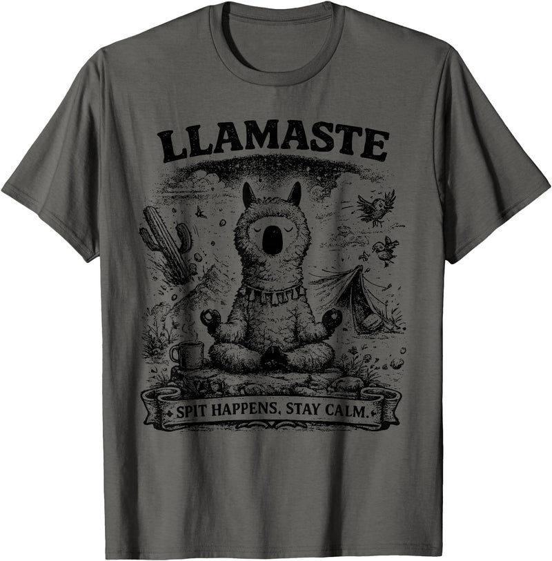 Llamaste Outdoor Society by The Maesthetics Llamaste Vintage Llama Meditation Outdoor Camping T-Shirt - Asphalt Grey
