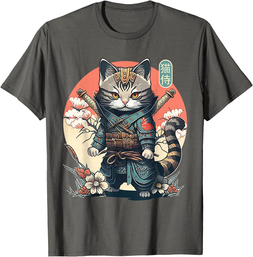 NINJA KITTEN WARRIORS Japanese Samurai Cat Tattoo, Kawaii Ninja Cat Women, Girls T-Shirt - Asphalt Grey