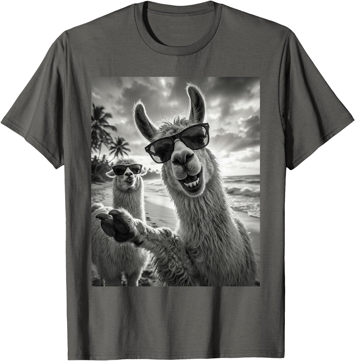 Funny Llama Stuff Accessories & Gifts Cool Llama Selfie At The Beach, Cute Llamas Alpaca T-Shirt - Asphalt Grey