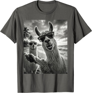 Funny Llama Stuff Accessories & Gifts Cool Llama Selfie At The Beach, Cute Llamas Alpaca T-Shirt - Asphalt Grey