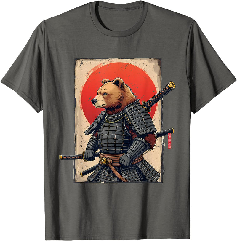 Japanese Samurai Bear Woodblock Art Samurai Brown Bear Ukiyo-e Ink Warrior Art Japanese Bear Art T-Shirt - Asphalt Grey