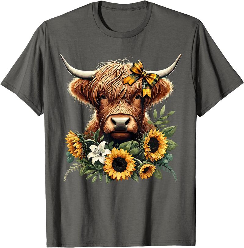 Cute Highland Cow and Coquette Bow Highland Cow with Sunflowers T-Shirt - Asphalt Grey