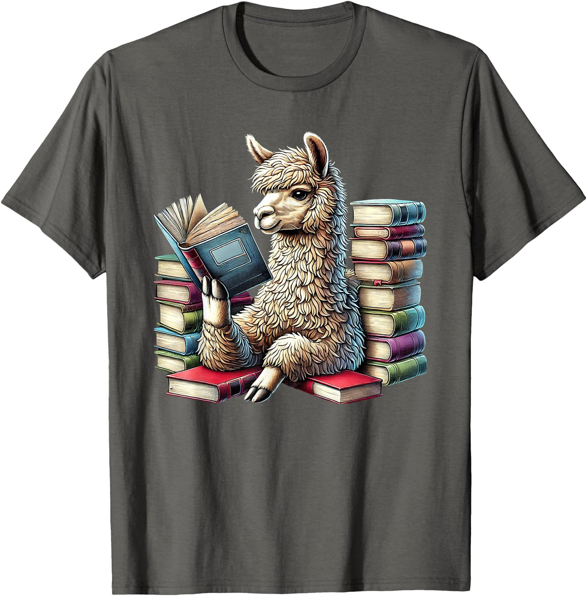 Llama Book Lover Llama Reading Book Reader Bookworm Alpaca Lover T-Shirt - Asphalt Grey