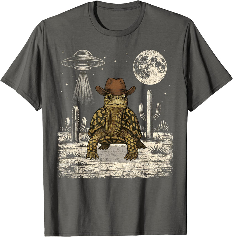 Retro Land Turtle Lover Halloween Moon Funny Eastern Box Turtle Cowboy Western UFO T-Shirt - Asphalt Grey