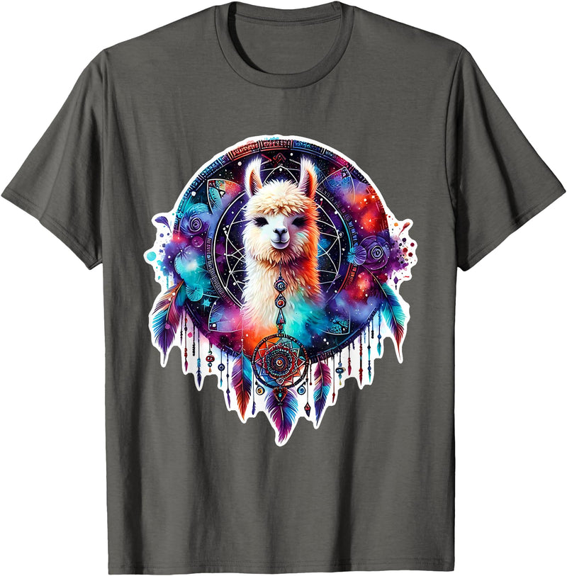 Llama Alpaca Tribal Shamanic Gift Llama Alpaca Dreamcatcher Floral Spiritual Boho Tribal T-Shirt - Asphalt Grey