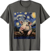 Cute Pigs Designs. Cute Pig Funny Van Gogh Style Starry Night Graphic T-Shirt - Asphalt Grey