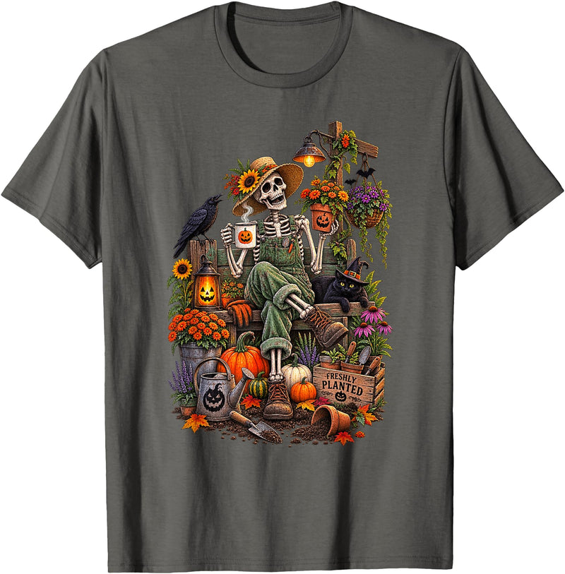 Halloween Gardening Lover Apparel & Gifts Outlet Freshly Planted Skeleton Gardener Halloween T-Shirt - Asphalt Grey