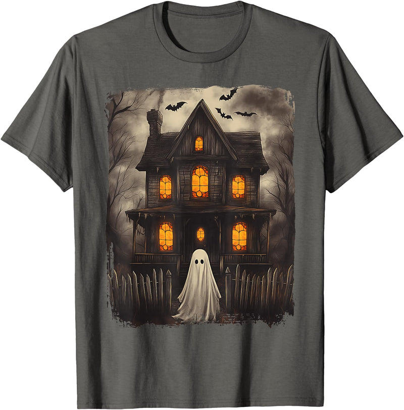 Vintage Haunted House Ghost Halloween Costumes Vintage Ghost Haunted House Scary Halloween Costume Spooky T-Shirt - Asphalt