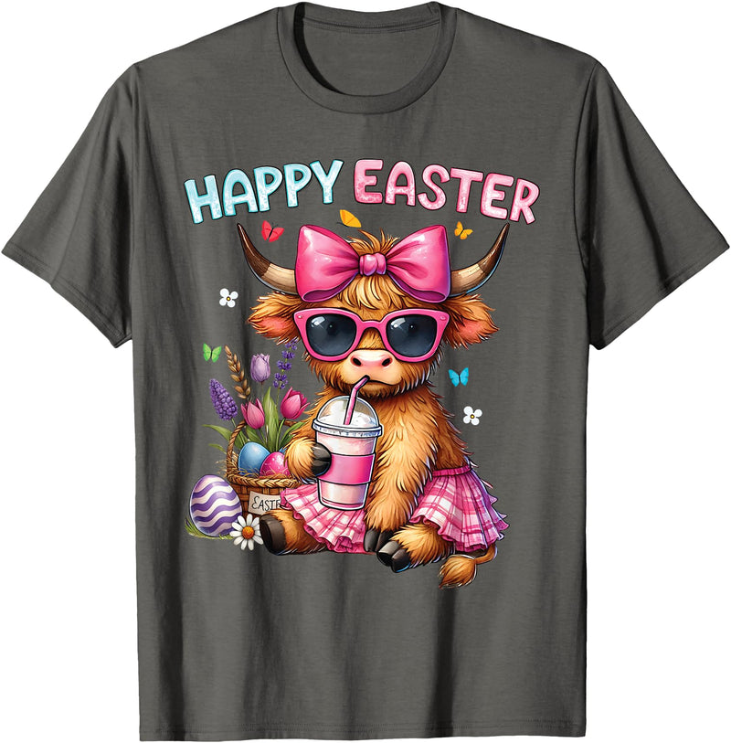 Farm Animal Highland Cow easter Gifts Happy Easter Day Highland Cow Cute Holiday Bunny Women Kids T-Shirt - Asphalt Grey