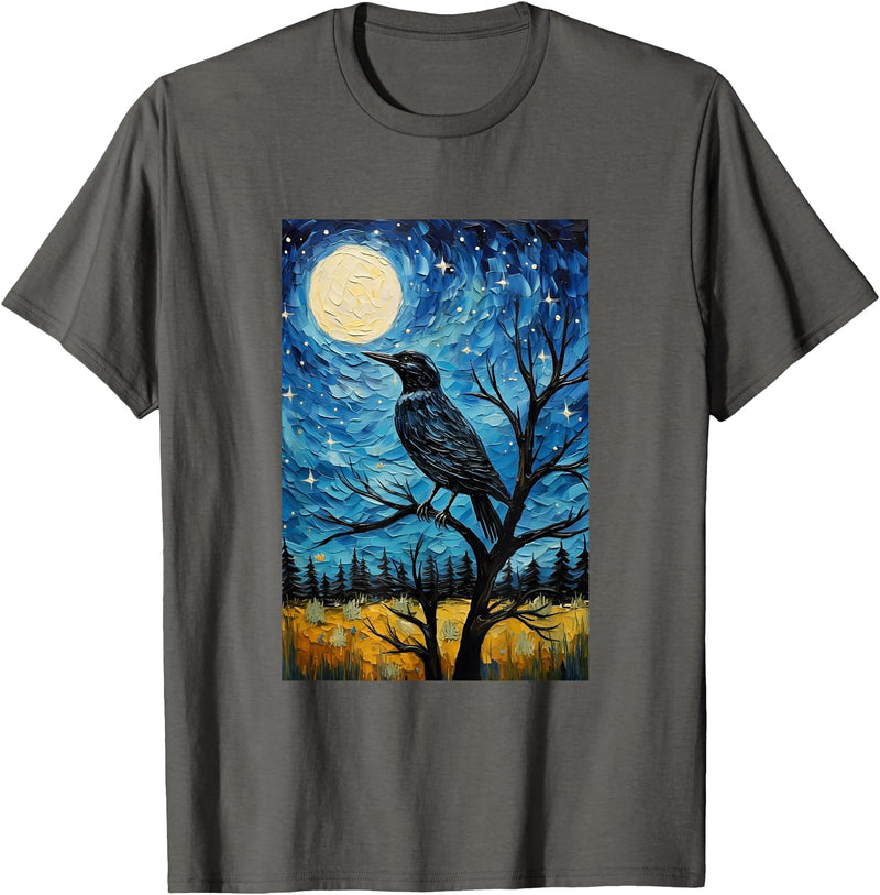 Bird Designs. Magpie Crow Raven Bird Van Gogh Style Starry Night Graphic T-Shirt - Asphalt Grey