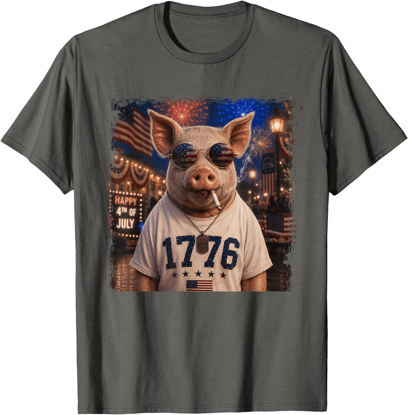Pig Patriotic America USA Designs Pig Smoking Cigarette 250 Years T-Shirt - Asphalt Grey