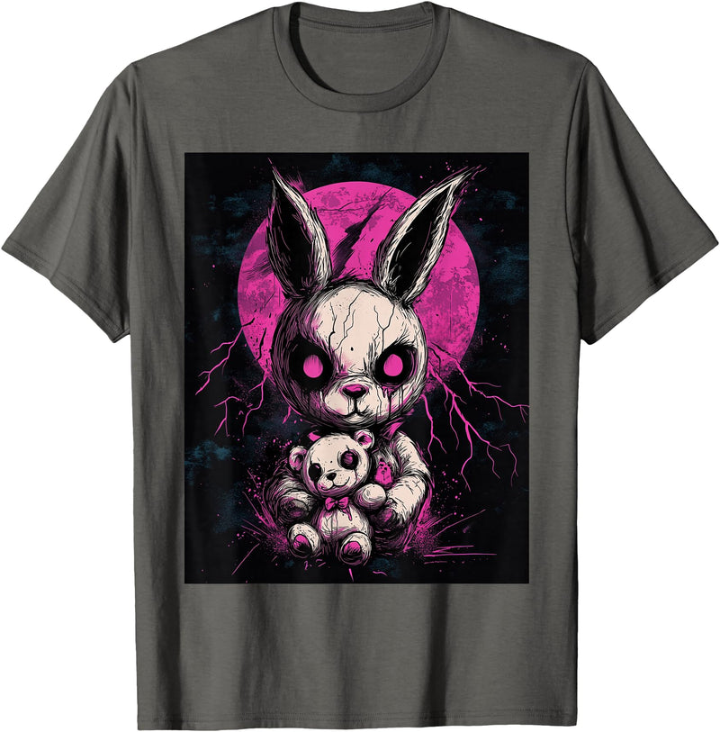 Anime Rabbit Goth Teddy Bear Gothic Anime Bunny T-Shirt in Asphalt Grey