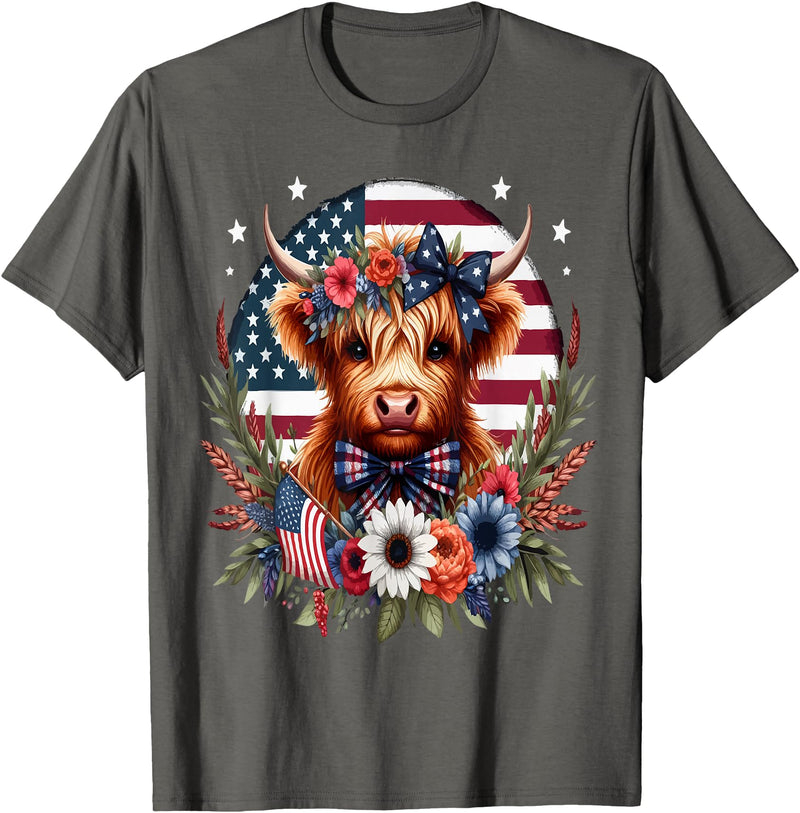 Funny July 4th Highland Cow Farm Lovers Gift Ideas Cute Highland Cow Florals 4th of July USA Flag Patriotic T-Shirt -