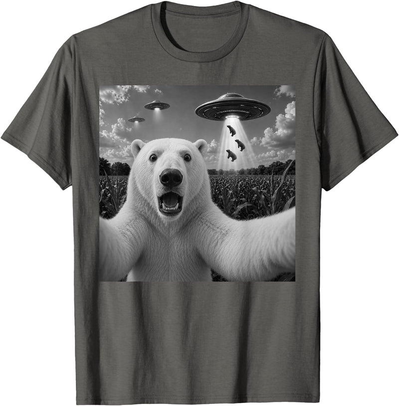 Retro Polar Bear Selfie with UFOs Meme Polar Bear Selfie with UFO Alien Funny T-Shirt - Asphalt Grey