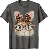 Cute Bunny Rabbit Face Leopard Coquette Bow Glasses Easter T-Shirt in Asphalt Grey