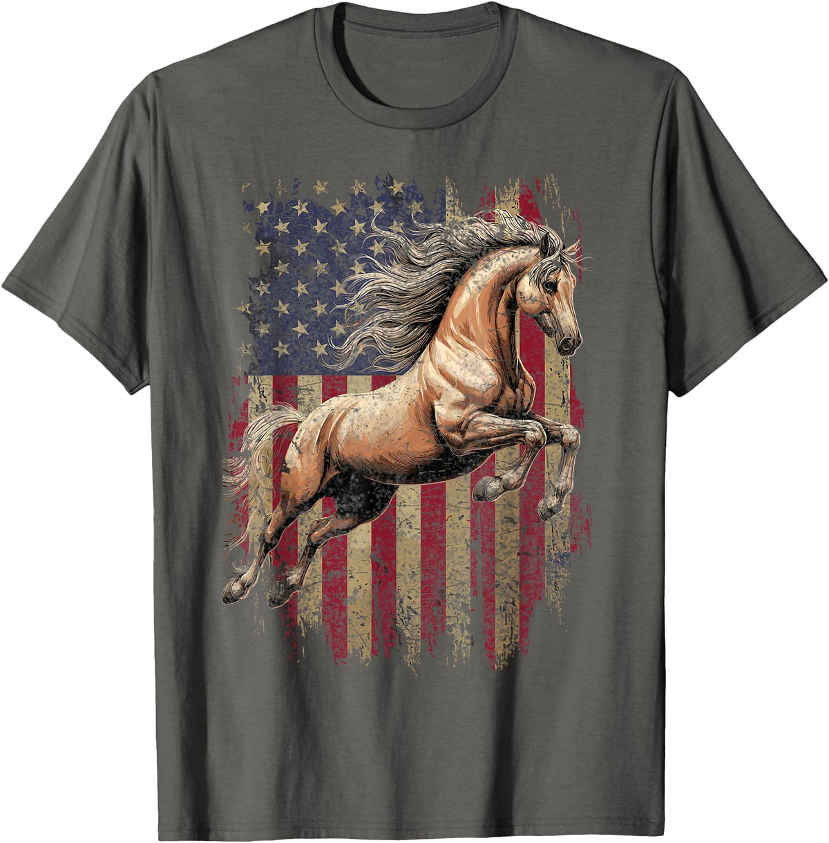 USA Flag Horse Lover Horse American Flag USA 4th of July Horses T-Shirt - Asphalt Grey