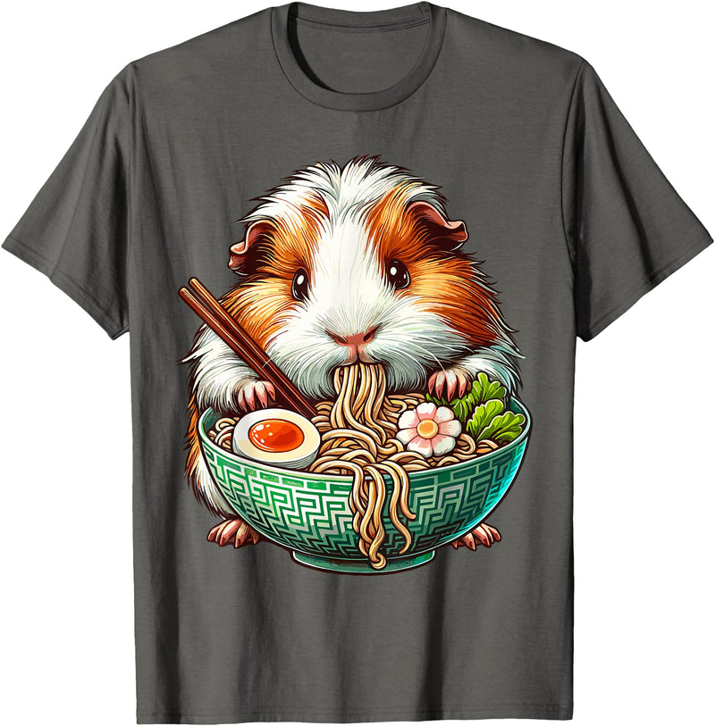 Cute Guinea Pig Gifts Guinea Pig Eating Ramen Japanese Noodles T-Shirt - Asphalt Grey