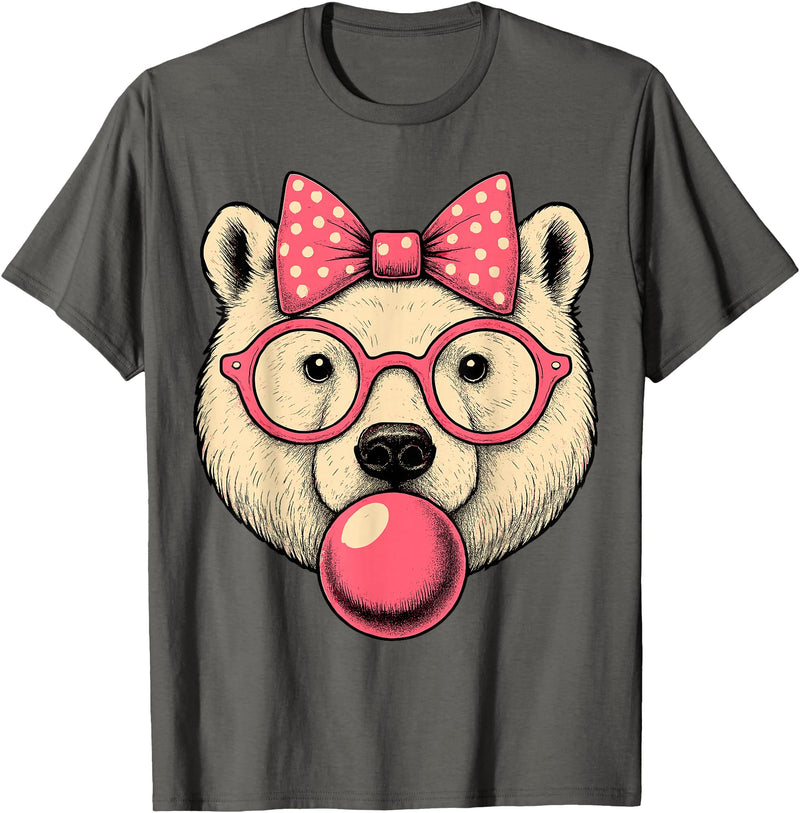 Magical and Funny Polar Bear Gifts Polar Bear with Bubblegum and Pink Bow T-Shirt - Asphalt Grey