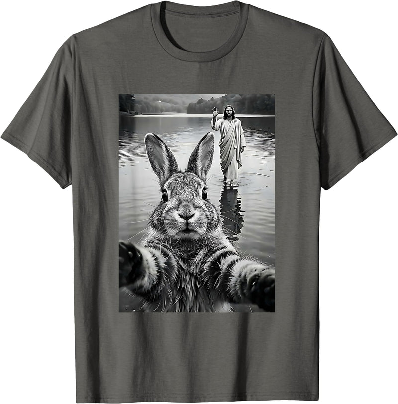 Funny Rabbit & Jesus Selfie, Easter, Religious, Christian T-Shirt in Asphalt Grey