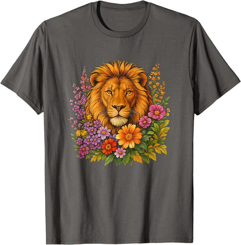 Cute and Funny Lions Graphic Designs. Lion Flower Floral Cute Men Women Kids T-Shirt - Asphalt Grey