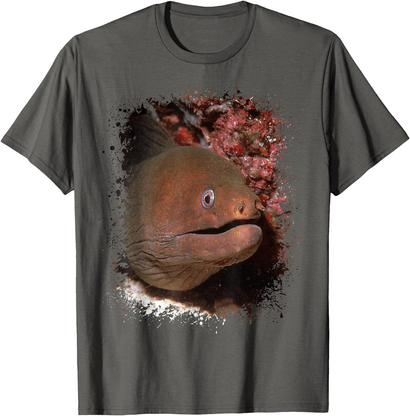 Eel Photo Aquarium Ocean Animal Splatter Art Moray Eel Photo Ocean Animal Splatter Art Aquarium Tee T-Shirt - Asphalt Grey