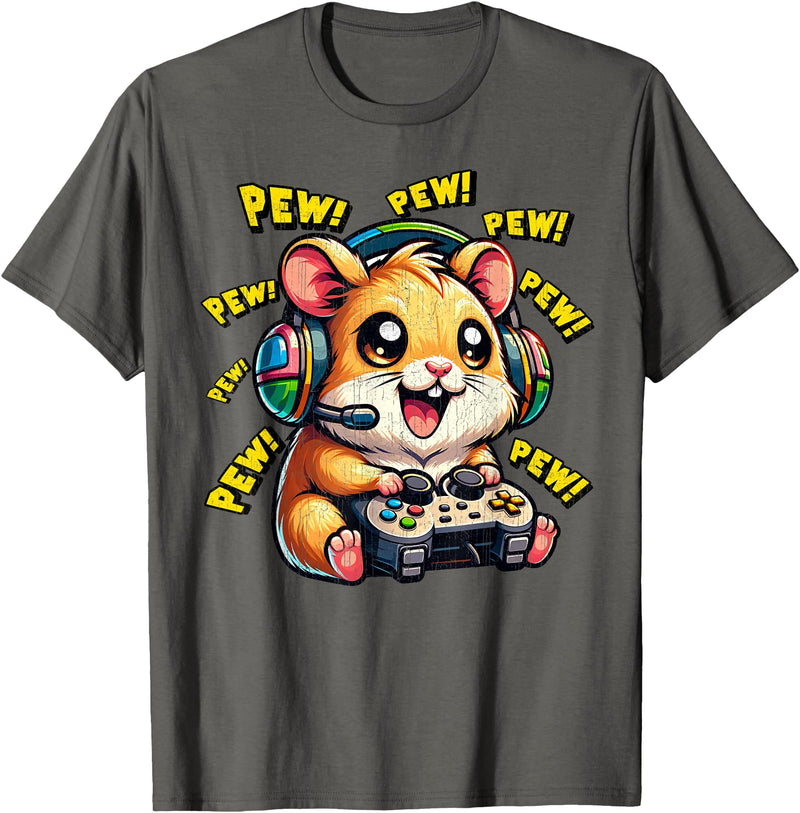 Hamster Gamer Pew Funny Video Games Vintage Boys Men Girls T-Shirt - Asphalt Grey