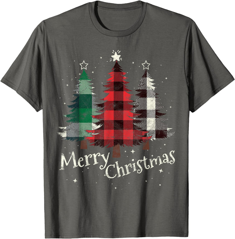 Merry Christmas Apparel Matching Family Clothes Merry Christmas Three Xmas Trees Buffalo Plaid Woman Gift T-Shirt - Asphalt