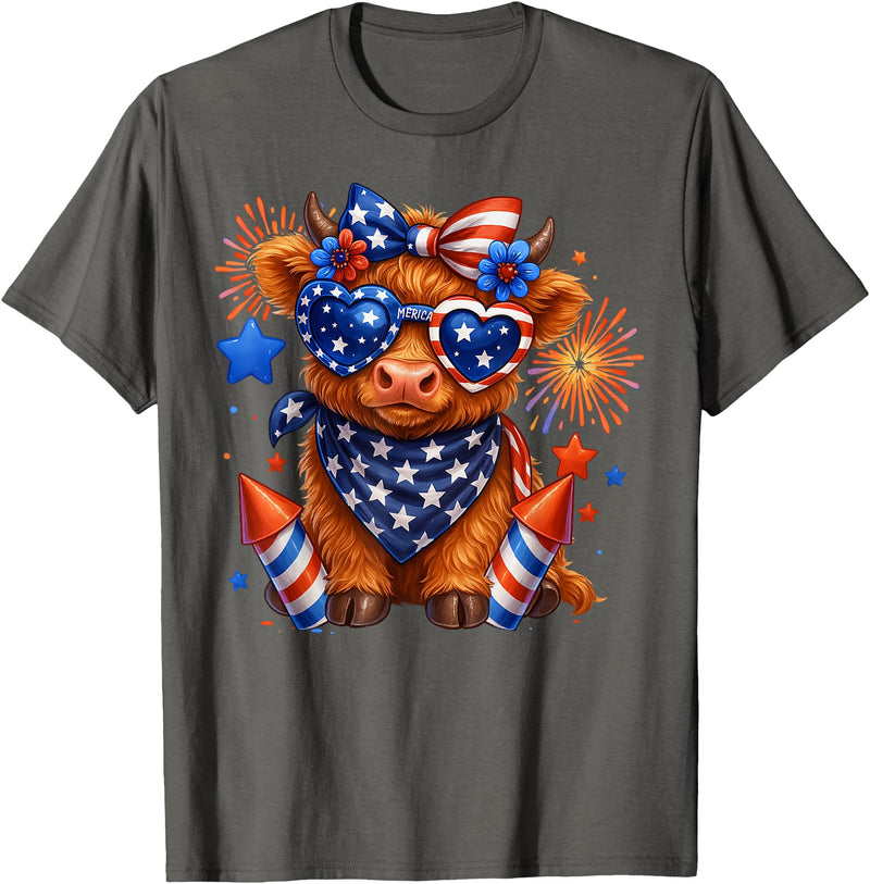 Cute Highland Cow 4th of July USA Flag Patriotic Cow Farmer T-Shirt - Asphalt Grey