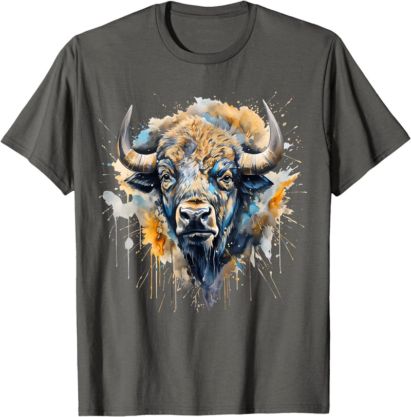 Safari Animal Art Buffalo Portrait Colorful Splash Artwork Wildlife Bison T-Shirt - Asphalt Grey