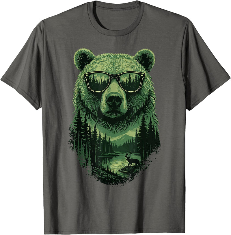 Bear Wildlife Deer Campfire Nature Apparel Bear Sunglasses Wildlife Deer Campfire Nature Vintage Forest T-Shirt - Asphalt Grey