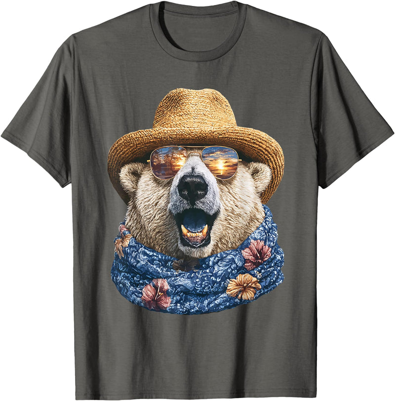 Whimsical Coastal Animals Beachgoers Cute Polar Bear with Sunglasses and Straw Hat Animal Summer T-Shirt - Asphalt Grey