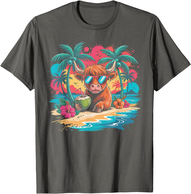 Summer Vibes Highland Cow Funny Beach Vacation Tee Tropical Highland Cow Summer Vibes Funny Beach T-Shirt - Asphalt Grey