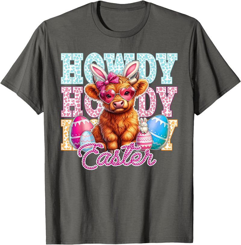 Highland Cow Easter Cute Western Farm Apparel Howdy Easter Cute Highland Cow Bunny Ears Western Easter T-Shirt - Asphalt Grey