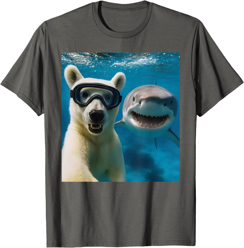 Selfie Polar Bear and Shark Summer Scuba Diving Funny Polar Bear Selfie with Shark Ocean Lovers T-Shirt - Asphalt Grey