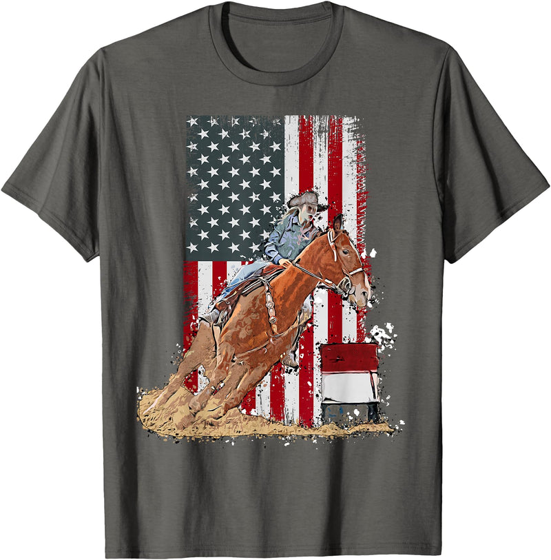 Funny horse barrel racing designs US Flag State Pride Barrel Racing Horse Rodeo Cowgirl T-Shirt - Asphalt Grey
