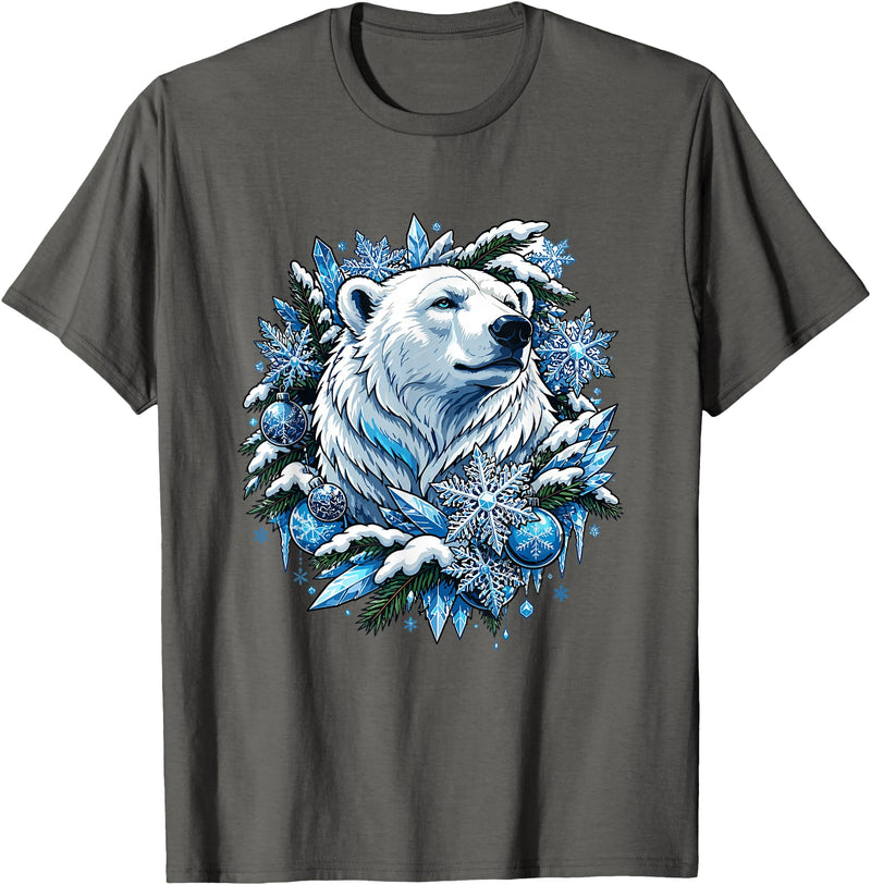 Arctic Polar Bear Winter Snowflakes Christmas Polar Bear Wreath Ice Crystals T-Shirt - Asphalt Grey