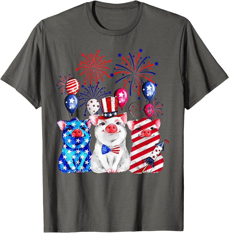 Fireworks American Flag Funny Pig 4th of July Fireworks American Flag Funny Pig Patriotic Farmer 4th July T-Shirt - Asphalt Grey