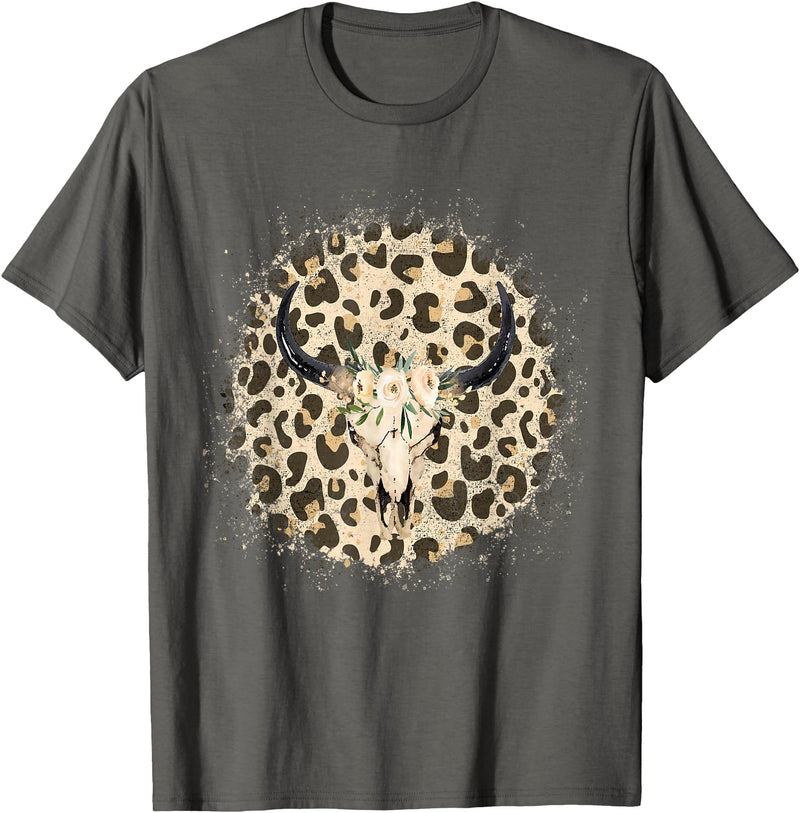 Funny Leopard Cow Skull designs Funny Leopard Cow Skull print Flower Rustic Turquoise T-Shirt - Asphalt Grey